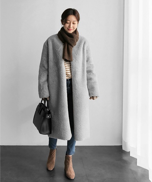 Ritzy（リッツィー）の「フェイクファーノーカラーロングコート（チェスターコート・レディース・レオパード/ベージュ/ピンク/グレー/オフホワイト/パープル/イエロー/グリーン・M/L）」の12枚目の写真