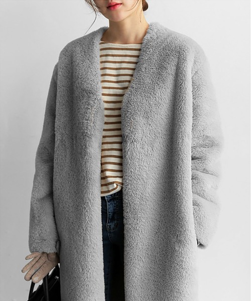 Ritzy（リッツィー）の「フェイクファーノーカラーロングコート（チェスターコート・レディース・レオパード/ベージュ/ピンク/グレー/オフホワイト/パープル/イエロー/グリーン・M/L）」の16枚目の写真