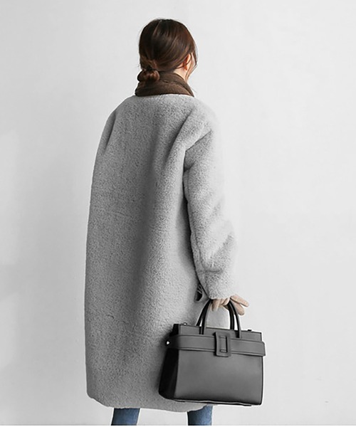 セール】フェイクファーノーカラーロングコート（チェスターコート