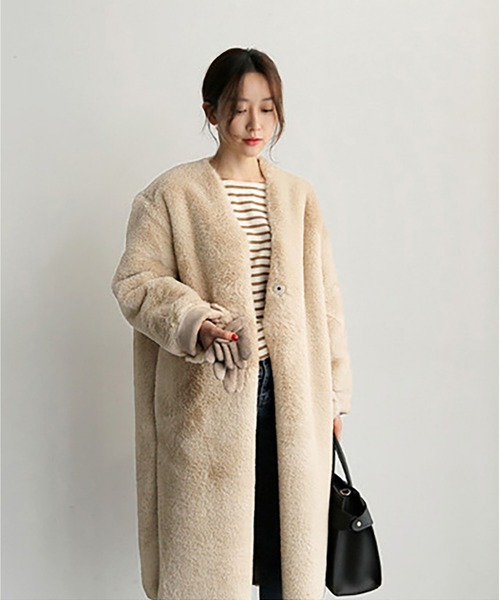 Ritzy（リッツィー）の「フェイクファーノーカラーロングコート（チェスターコート・レディース・レオパード/ベージュ/ピンク/グレー/オフホワイト/パープル/イエロー/グリーン・M/L）」の19枚目の写真