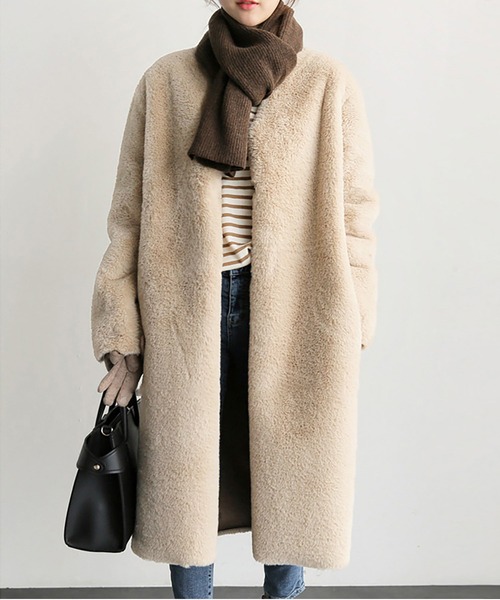 セール】フェイクファーノーカラーロングコート（チェスターコート