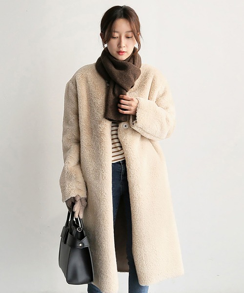 Ritzy（リッツィー）の「フェイクファーノーカラーロングコート（チェスターコート・レディース・レオパード/ベージュ/ピンク/グレー/オフホワイト/パープル/イエロー/グリーン・M/L）」の22枚目の写真