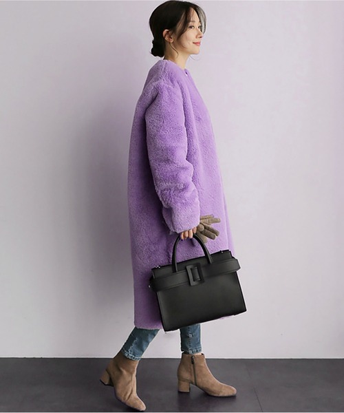 セール】フェイクファーノーカラーロングコート（チェスターコート