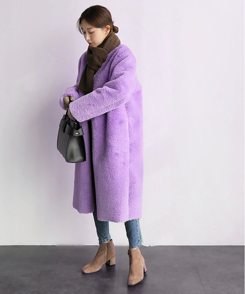 セール】フェイクファーノーカラーロングコート（チェスターコート