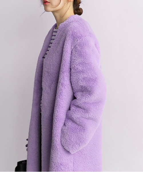 セール】フェイクファーノーカラーロングコート（チェスターコート