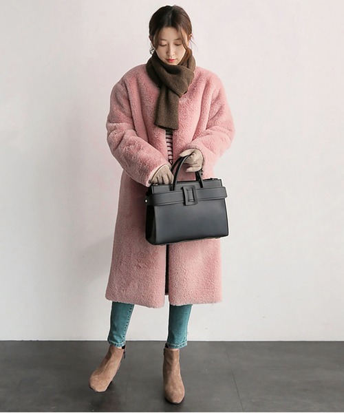 セール】フェイクファーノーカラーロングコート（チェスターコート