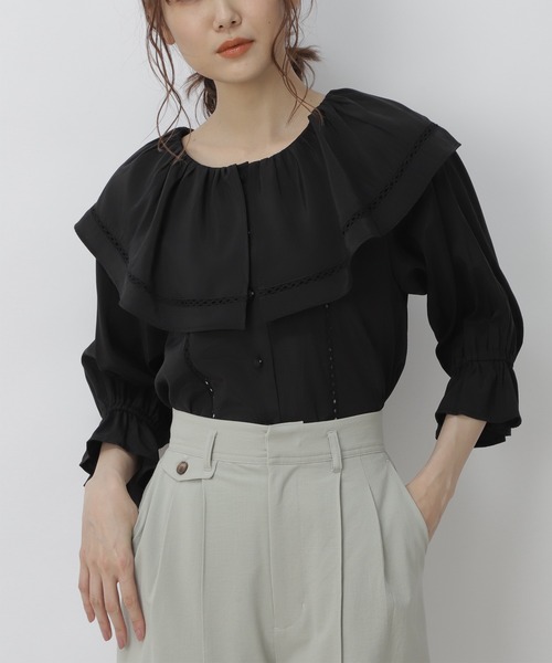 FREE'S MART（フリーズマート）の「ハシゴレースビッグカラーブラウス（シャツ/ブラウス・レディース・ブラック/ライトグリーン/ホワイト・FREE）」の2枚目の写真