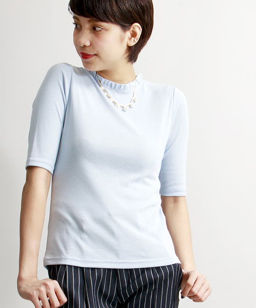 WEGO（ウィゴー）の「WEGO/スタンドフリルネックTシャツ（Tシャツ/カットソー・レディース・ホワイト/ホワイト系その他/ブラック系その他/サックスブルー・FREE）」の4枚目の写真