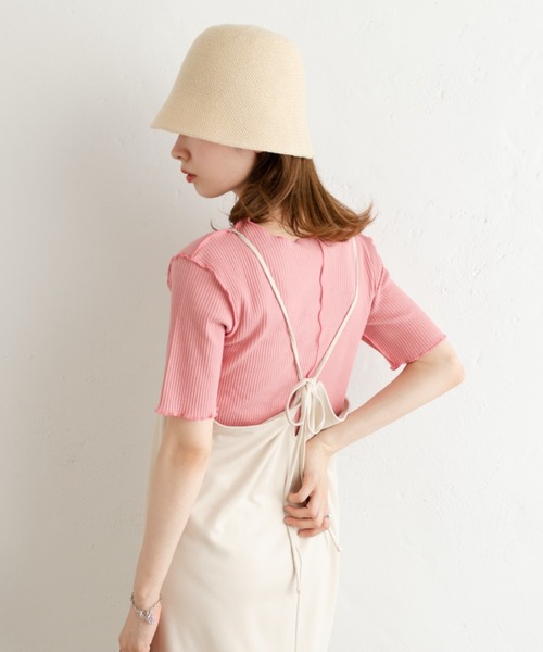 Kastane（カスタネ）の「メローリブ5分袖TEE（Tシャツ/カットソー・レディース・アイボリー/グリーン/ピンク・FREE）」の5枚目の写真