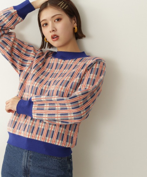 N.(N. Natural Beauty Basic)(エヌエヌナチュラルビューティーベーシック)の「【松井愛莉さん着用】◆チェックジャガードニット(ニット/セーター・レディース・ブルー/ネイビー/パープル・MEDIUM)」の3枚目の写真