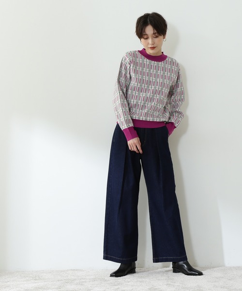 N.(N. Natural Beauty Basic)(エヌエヌナチュラルビューティーベーシック)の「【松井愛莉さん着用】◆チェックジャガードニット(ニット/セーター・レディース・ブルー/ネイビー/パープル・MEDIUM)」の7枚目の写真