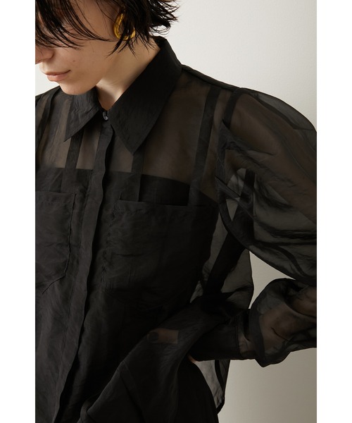 LA PEAU DE GEM：Volume Sleeve ブラウス(ブラウン) セール】【LA PEAU DE GEM】シアーボリュームブラウス（シャツ
