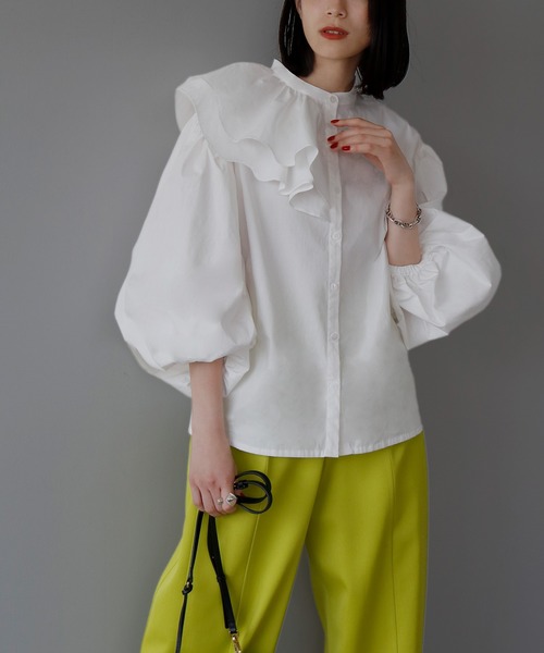 【綿100％使用】アシンメトリーフリルハイネックボリューム袖ブラウス