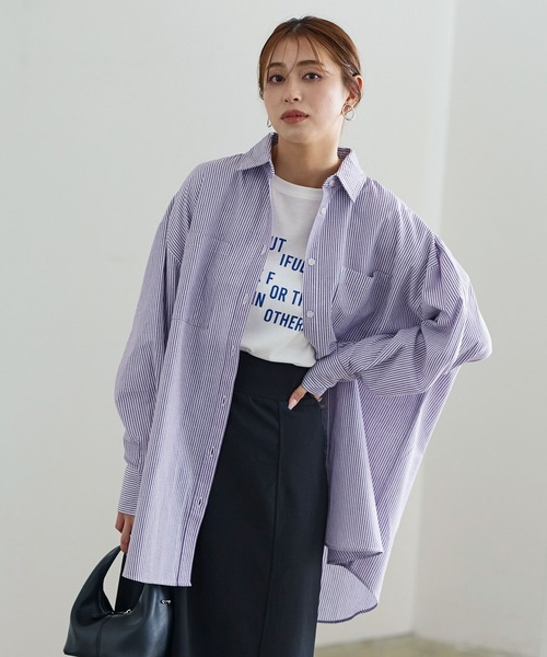 KOBE LETTUCE（コウベレタス）の「ストライプビッグシャツ（シャツ/ブラウス・レディース・マスタード/ピンク/グリーン/パープル/ブルー・FREE）」の4枚目の写真
