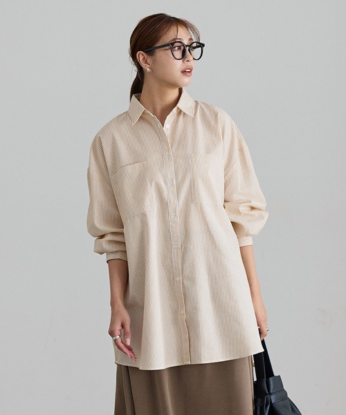 KOBE LETTUCE（コウベレタス）の「ストライプビッグシャツ（シャツ/ブラウス・レディース・マスタード/ピンク/グリーン/パープル/ブルー・FREE）」の5枚目の写真