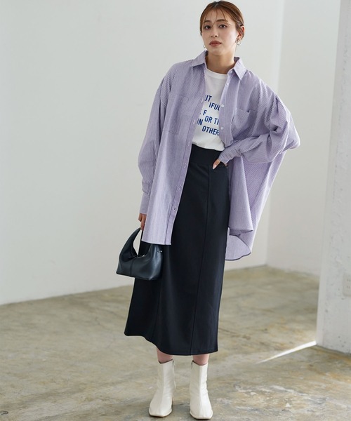 KOBE LETTUCE（コウベレタス）の「ストライプビッグシャツ（シャツ/ブラウス・レディース・マスタード/ピンク/グリーン/パープル/ブルー・FREE）」の9枚目の写真