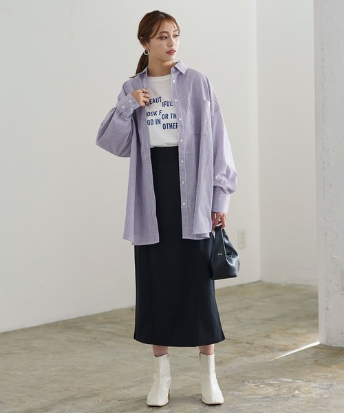 KOBE LETTUCE（コウベレタス）の「ストライプビッグシャツ（シャツ/ブラウス・レディース・マスタード/ピンク/グリーン/パープル/ブルー・FREE）」の8枚目の写真