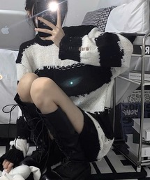 ニット ダメージ ボーダー オーバーサイズ トップス ビッグシルエット