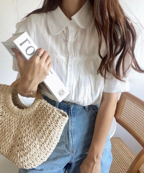 OLUPIC（オルピック）の「OLUPIC/【WEB限定】ストライプレースパフスリーブブラウス（シャツ/ブラウス・レディース・ブラック/グリーン/ホワイト・FREE）」の2枚目の写真