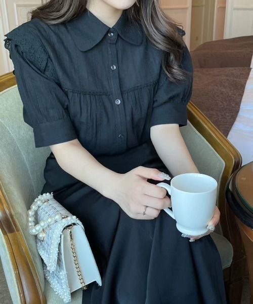 OLUPIC（オルピック）の「OLUPIC/【WEB限定】ストライプレースパフスリーブブラウス（シャツ/ブラウス・レディース・ブラック/グリーン/ホワイト・FREE）」の5枚目の写真