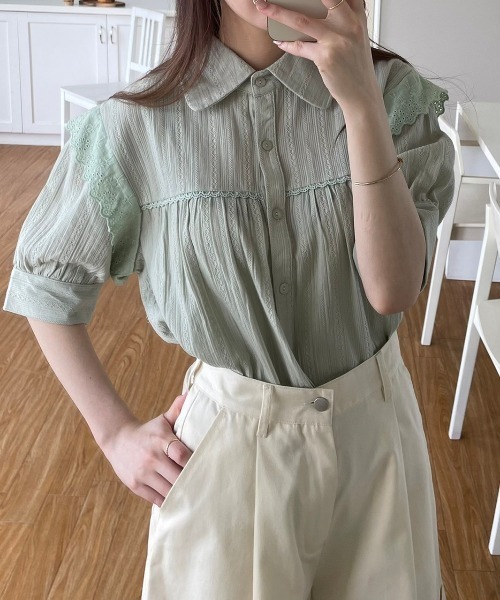 OLUPIC（オルピック）の「OLUPIC/【WEB限定】ストライプレースパフスリーブブラウス（シャツ/ブラウス・レディース・ブラック/グリーン/ホワイト・FREE）」の18枚目の写真