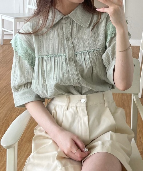 OLUPIC（オルピック）の「OLUPIC/【WEB限定】ストライプレースパフスリーブブラウス（シャツ/ブラウス・レディース・ブラック/グリーン/ホワイト・FREE）」の12枚目の写真