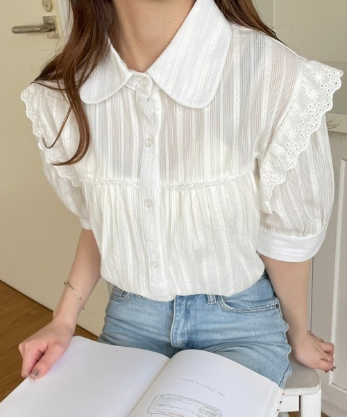 OLUPIC（オルピック）の「OLUPIC/【WEB限定】ストライプレースパフスリーブブラウス（シャツ/ブラウス・レディース・ブラック/グリーン/ホワイト・FREE）」の14枚目の写真