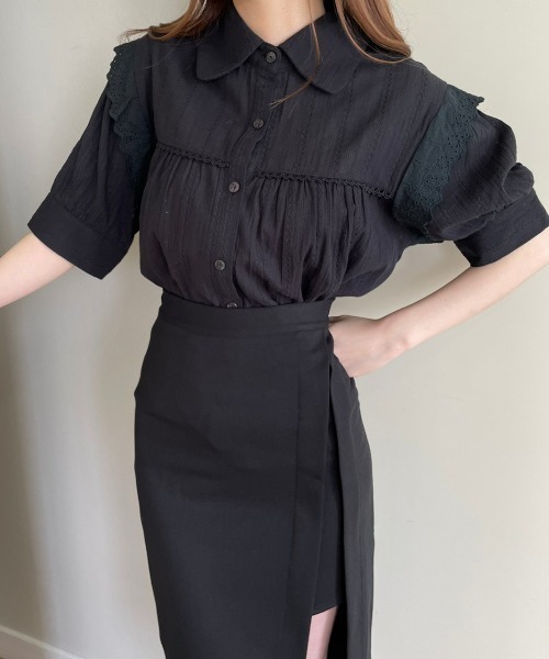 OLUPIC（オルピック）の「OLUPIC/【WEB限定】ストライプレースパフスリーブブラウス（シャツ/ブラウス・レディース・ブラック/グリーン/ホワイト・FREE）」の8枚目の写真