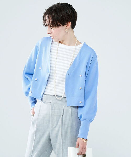 NOLLEY’S(ノーリーズ)の「◇【WEB限定】《手洗い可能》片畦ダブルVネックカーディガン(カーディガン/ボレロ・レディース・ネイビー/ピンク/ライトブルー/オフホワイト・38)」の3枚目の写真