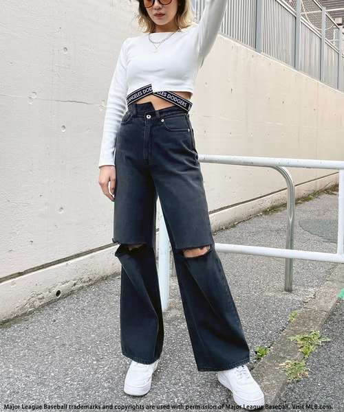 BACK TO THE FIELD（バック トゥー ザ フィールド）の「【MLB】ラインロゴウエストクロスカットリブトップス（Tシャツ/カットソー・レディース・パープル/ホワイト/ブラック・FREE）」の12枚目の写真