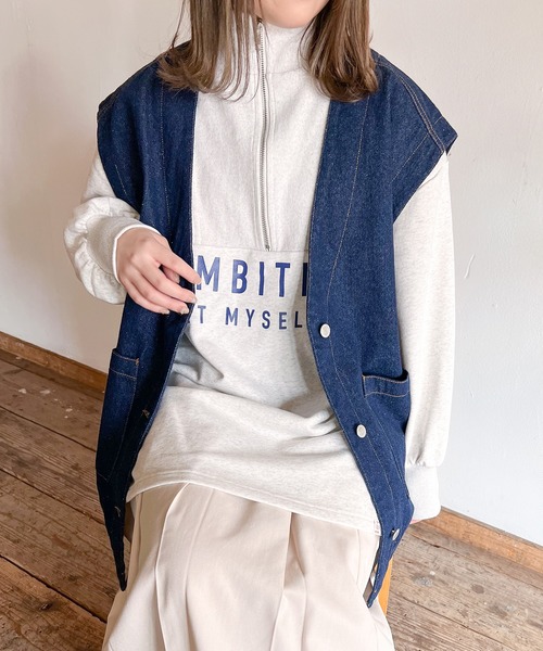 Mysa&Liina（ミーサリーナ）の「オーバーサイズハーフZIPスウェット（スウェット・レディース・杢グレー/オフホワイト/オレンジ・M）」の6枚目の写真