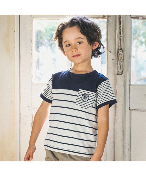 BeBe（ベベ）の「BeBe/【お揃い】マリンボーダーポケットTシャツ(80~150cm)（Tシャツ/カットソー・キッズ・グレー系その他/ブルー系その他・120/80/140/150/110/100/90/130）」の2枚目の写真