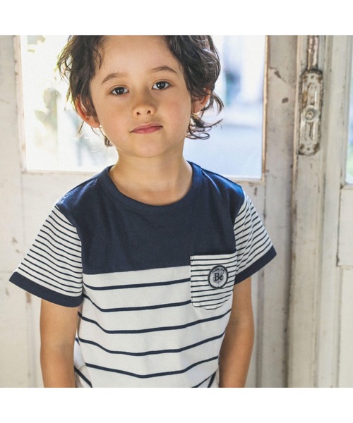 BeBe（ベベ）の「BeBe/【お揃い】マリンボーダーポケットTシャツ(80~150cm)（Tシャツ/カットソー・キッズ・グレー系その他/ブルー系その他・120/80/140/150/110/100/90/130）」の4枚目の写真
