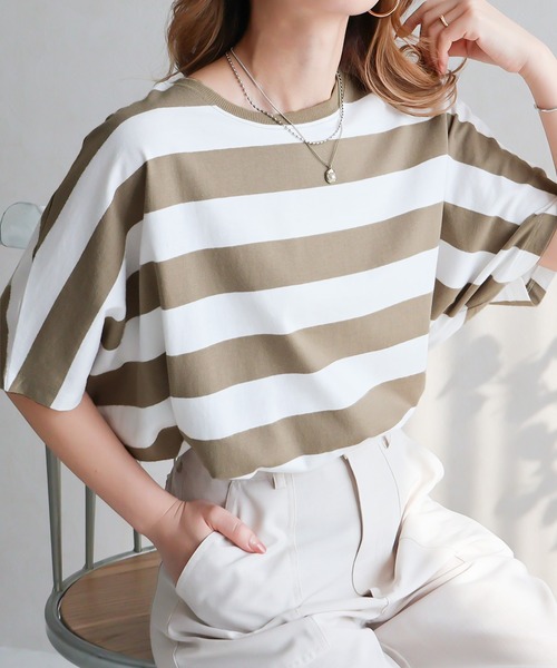 Social GIRL(ソーシャルガール)の「ボーダードルマンスリーブTシャツ(Tシャツ/カットソー・レディース・ホワイト×グリーン/ブラック×ホワイト/ベージュ/ネイビー/ホワイト×ネイビー/ホワイト×ブラック・M)」の1枚目の写真