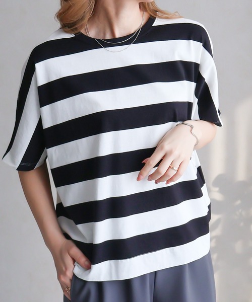 Social GIRL(ソーシャルガール)の「ボーダードルマンスリーブTシャツ(Tシャツ/カットソー・レディース・ホワイト×グリーン/ブラック×ホワイト/ベージュ/ネイビー/ホワイト×ネイビー/ホワイト×ブラック・M)」の8枚目の写真