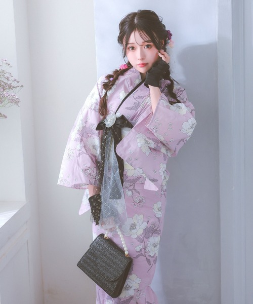 Tika ワンピース浴衣3点セット　線画フラワー ピンク レティカ Retica ピンク地に線画フラワー ゆかた3点セット 浴衣