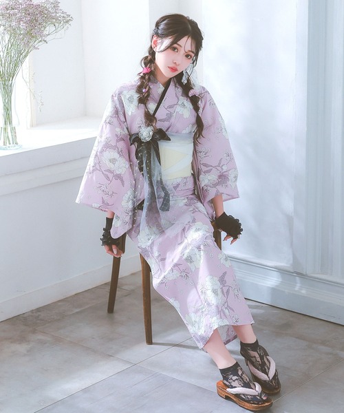 売れ筋・人気アイテム 商品 セール】浴衣セット レディース ピンク地に線画フラワー ゆかた3 着物・浴衣