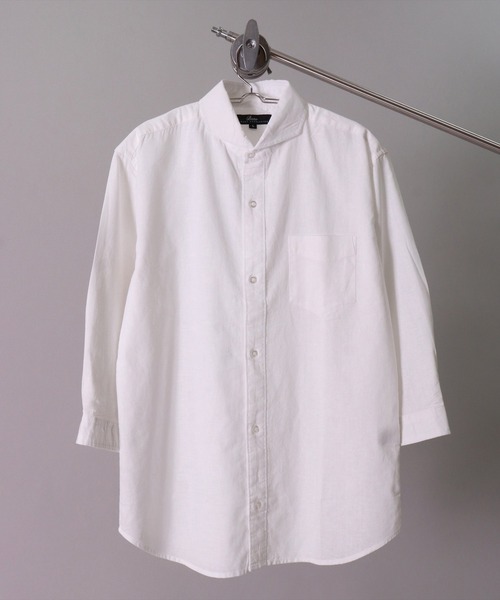 BAYBLO（ベイブロ）の「(BG)【ユニセックス】リネンブレンド ホリゾンタルカラー 7分袖 シャツ（シャツ/ブラウス・メンズ・ブラック/カーキ/ベージュ系その他3/ブルー系その他/ブルー系その他2/ネイビー/オフホワイト/ブルー系その他3/ホワイト系その他3/グレー系その他/ピンク系その他・X-LARGE/LARGE/MEDIUM）」の2枚目の写真