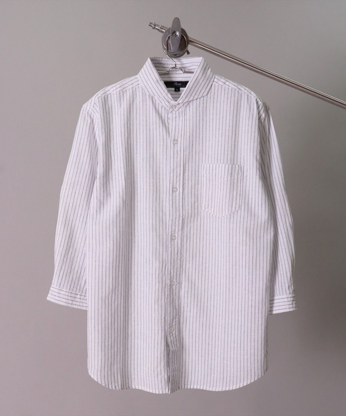 BAYBLO（ベイブロ）の「(BG)【ユニセックス】リネンブレンド ホリゾンタルカラー 7分袖 シャツ（シャツ/ブラウス・メンズ・ブラック/カーキ/ベージュ系その他3/ブルー系その他/ブルー系その他2/ネイビー/オフホワイト/ブルー系その他3/ホワイト系その他3/グレー系その他/ピンク系その他・X-LARGE/LARGE/MEDIUM）」の3枚目の写真