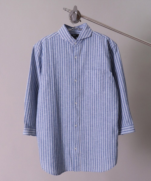 BAYBLO（ベイブロ）の「(BG)【ユニセックス】リネンブレンド ホリゾンタルカラー 7分袖 シャツ（シャツ/ブラウス・メンズ・ブラック/カーキ/ベージュ系その他3/ブルー系その他/ブルー系その他2/ネイビー/オフホワイト/ブルー系その他3/ホワイト系その他3/グレー系その他/ピンク系その他・X-LARGE/LARGE/MEDIUM）」の10枚目の写真