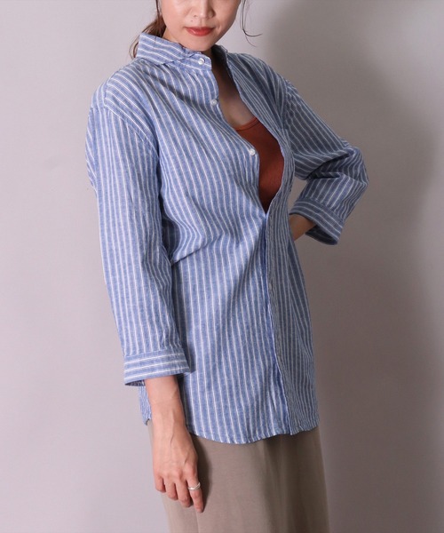 BAYBLO（ベイブロ）の「(BG)【ユニセックス】リネンブレンド ホリゾンタルカラー 7分袖 シャツ（シャツ/ブラウス・メンズ・ブラック/カーキ/ベージュ系その他3/ブルー系その他/ブルー系その他2/ネイビー/オフホワイト/ブルー系その他3/ホワイト系その他3/グレー系その他/ピンク系その他・X-LARGE/LARGE/MEDIUM）」の20枚目の写真