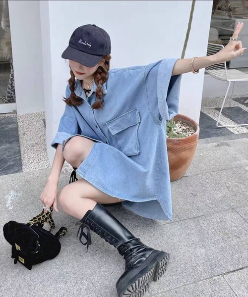 pumpkin port(パンプキンポート)の「BIGサイズ デニムシャツワンピース(ワンピース・レディース・ブルー・FREE)」の3枚目の写真