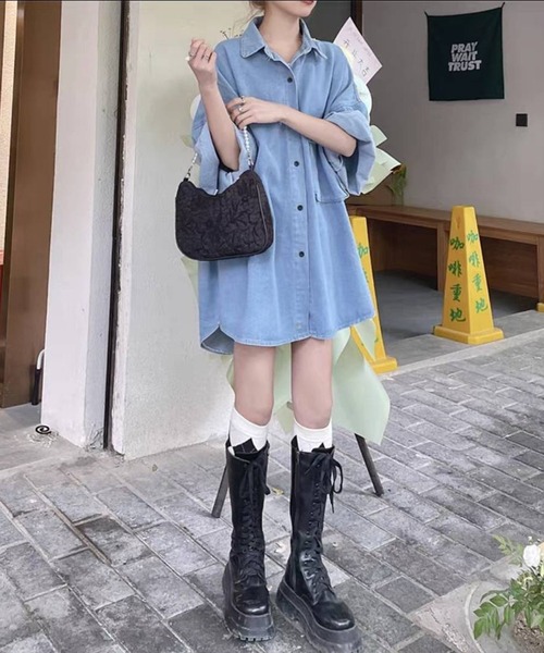 pumpkin port(パンプキンポート)の「BIGサイズ デニムシャツワンピース(ワンピース・レディース・ブルー・FREE)」の8枚目の写真