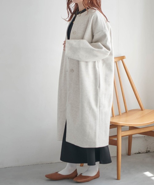 mil(ミル)の「【150㎝前後の小柄さんサイズ】ノーカラーロングコート【きれいめアウター】(ノーカラーコート・レディース・ブラウン/杢グレー/ベージュ・XS/S)」の6枚目の写真