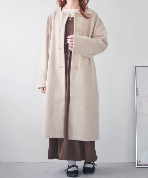 mil(ミル)の「【150㎝前後の小柄さんサイズ】ノーカラーロングコート【きれいめアウター】(ノーカラーコート・レディース・ブラウン/杢グレー/ベージュ・XS/S)」の12枚目の写真
