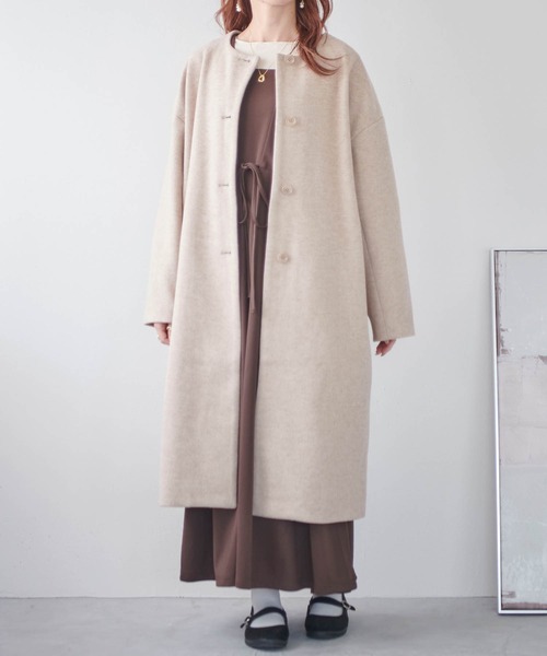 mil(ミル)の「【150㎝前後の小柄さんサイズ】ノーカラーロングコート【きれいめアウター】(ノーカラーコート・レディース・ブラウン/杢グレー/ベージュ・XS/S)」の13枚目の写真