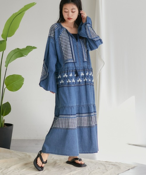 CIAOPANICTYPY india デニム　ラメ刺繍　ティアード　ワンピース CIAOPANICTYPY india デニム ラメ刺繍 ティアード ワンピース