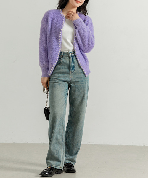 レディース 長袖ふわっと甘めシャギーニットカーディガン