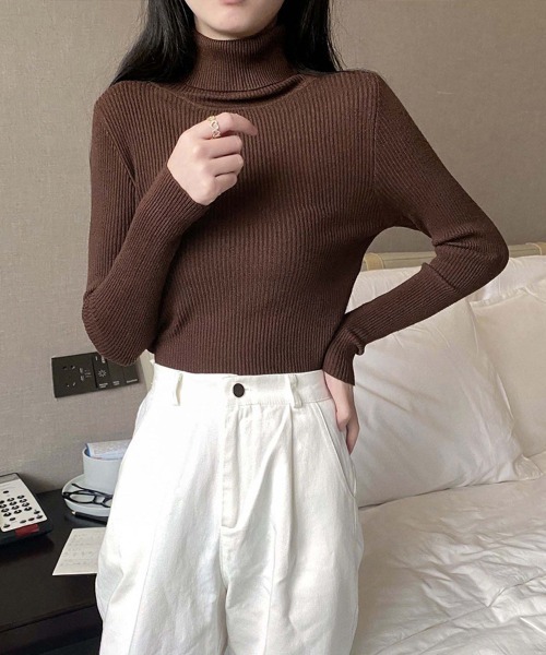 Miniministore(ミニミニストア)の「リブ ニットトップス タートルネック無地(ニット/セーター・レディース・ラベンダー/ダークグリーン/ダークベージュ/ワインレッド/グリーン/ピンク/グレー/ブラック/ホワイト/ベージュ/レッド/ブラウン/イエロー/ブルー/オレンジ・FREE)」の4枚目の写真