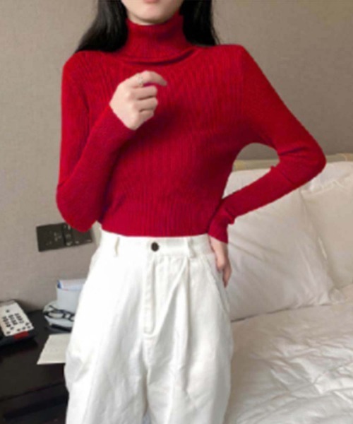 Miniministore(ミニミニストア)の「リブ ニットトップス タートルネック無地(ニット/セーター・レディース・ラベンダー/ダークグリーン/ダークベージュ/ワインレッド/グリーン/ピンク/グレー/ブラック/ホワイト/ベージュ/レッド/ブラウン/イエロー/ブルー/オレンジ・FREE)」の13枚目の写真